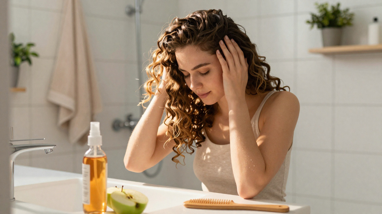 Mulher com cabelo encaracolado em banheiro, tocando o cabelo, com spray, maçã e pente à frente.