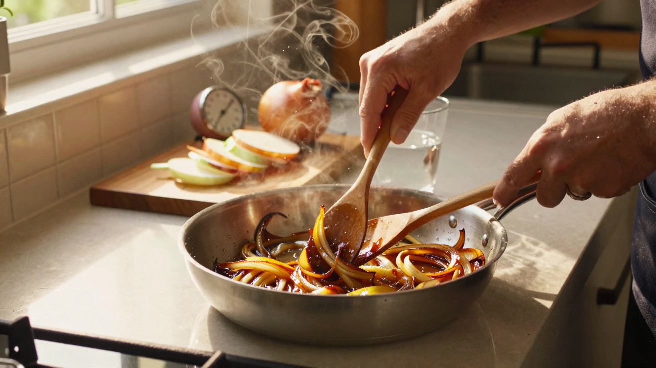 Mãos a mexer cebolas caramelizadas fumegantes numa frigideira de metal numa cozinha iluminada pela luz natural.