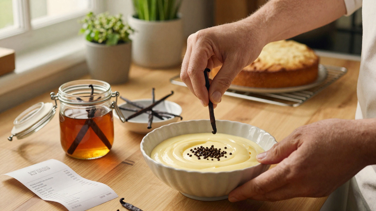Mãos a decorar creme de baunilha com fava de baunilha, com pote de mel e bolo ao fundo numa mesa de madeira.
