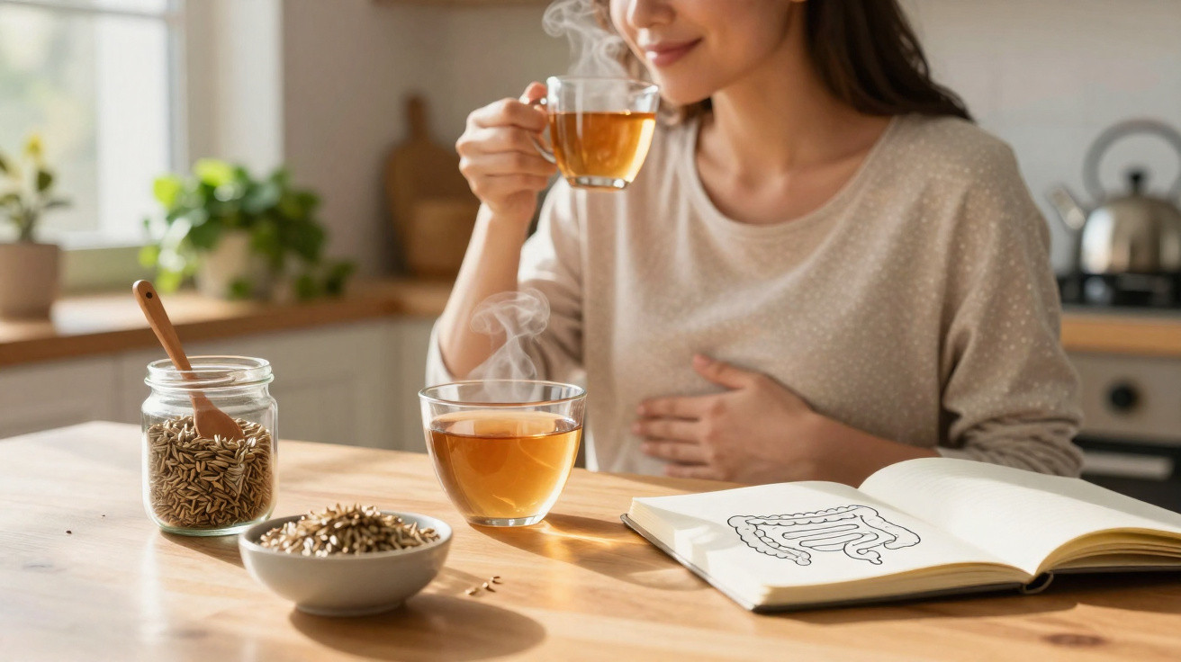 Mulher a beber chá quente na cozinha, com livro aberto sobre digestão e sementes numa jarra e numa taça.