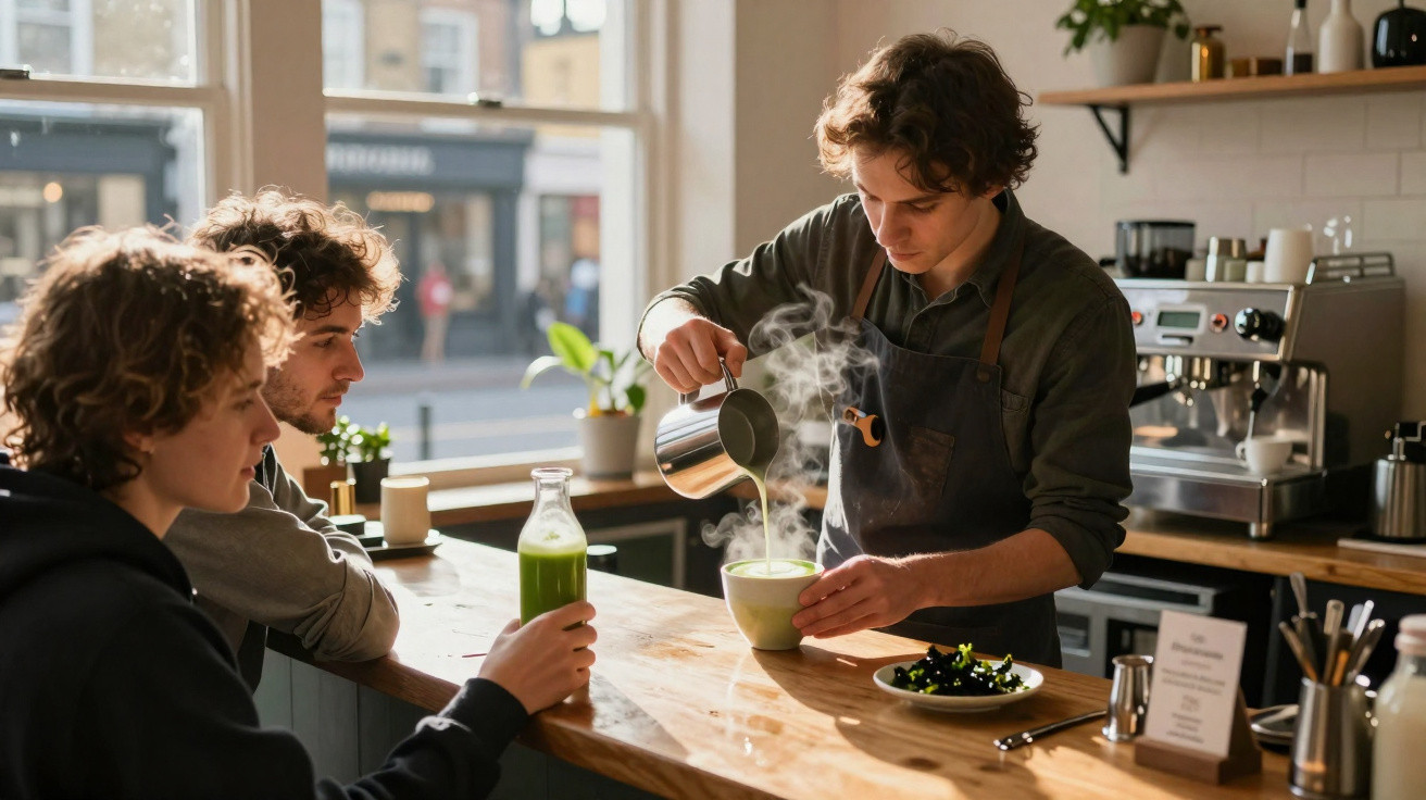 Barista serve bebida quente a dois clientes num café com luz natural e decoração moderna.