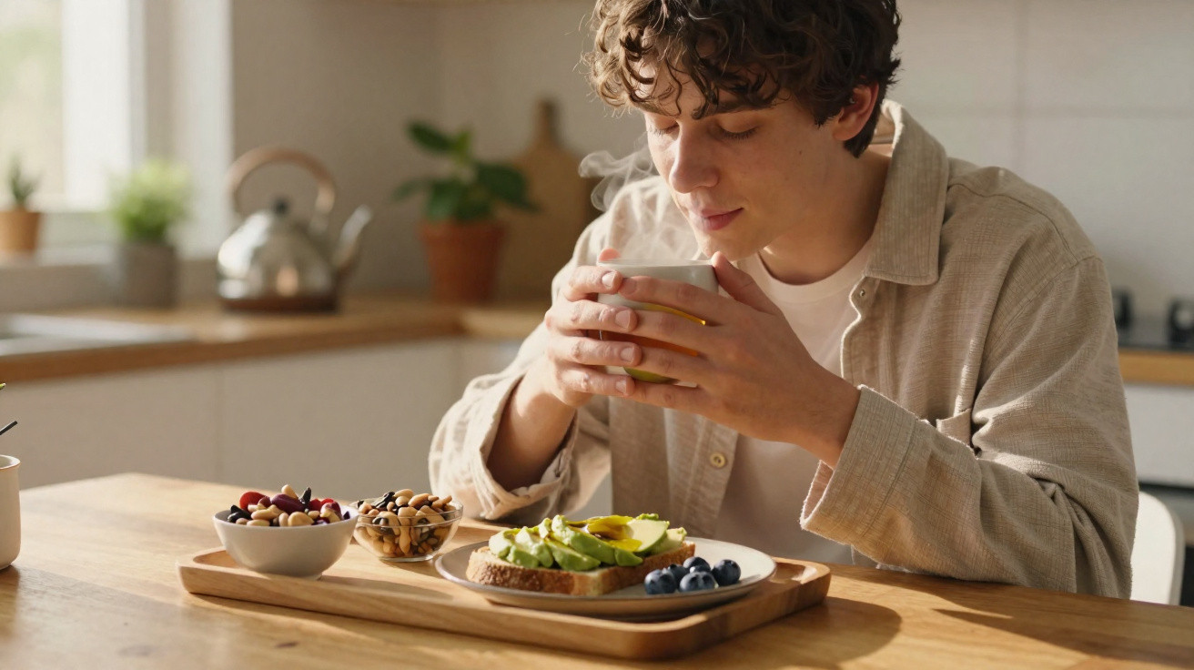 Jovem sentado à mesa a cheirar bebida quente com torrada de abacate, frutos e nozes numa cozinha iluminada.