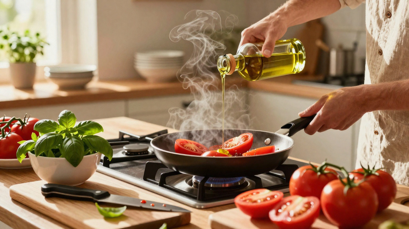 Pessoa a cozinhar com azeite e tomates numa frigideira num fogão na cozinha iluminada.