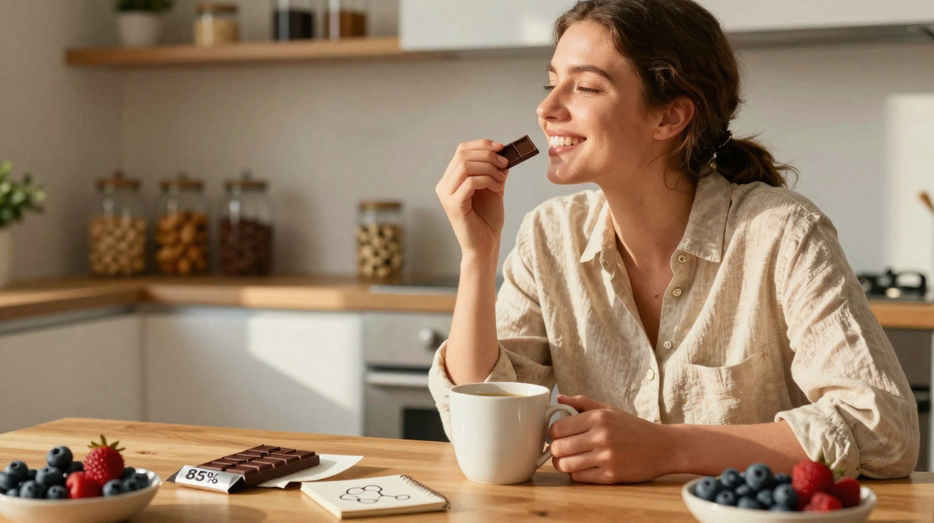 Mulher sorridente a segurar e provar um pedaço de chocolate escuro na cozinha com chá e frutas na mesa.