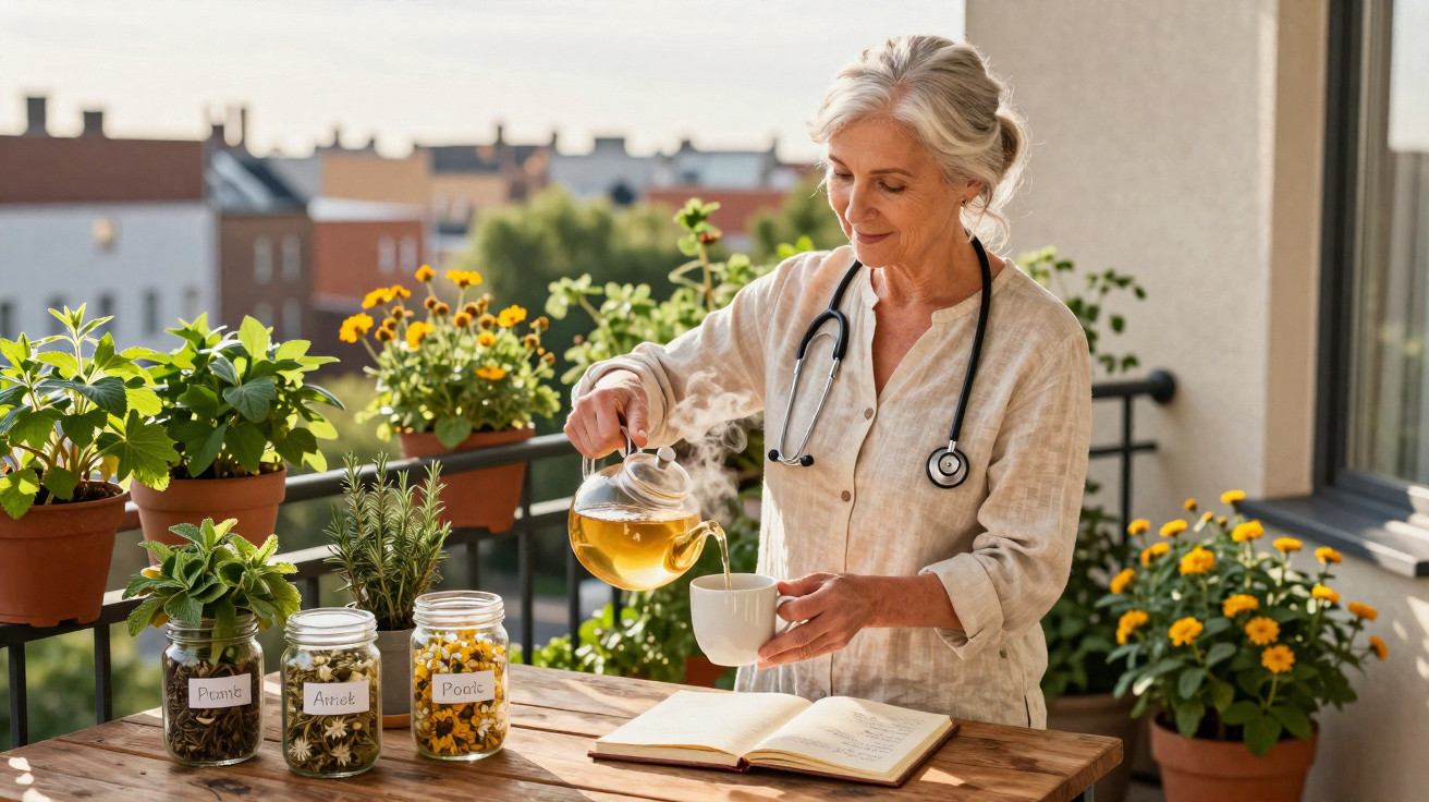 Mulher com bata branca e estetoscópio a preparar chá numa varanda com plantas aromáticas e flores.