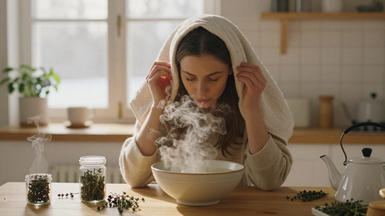 Mulher com toalha na cabeça a inalar vapor quente de uma taça numa cozinha iluminada pela luz natural.