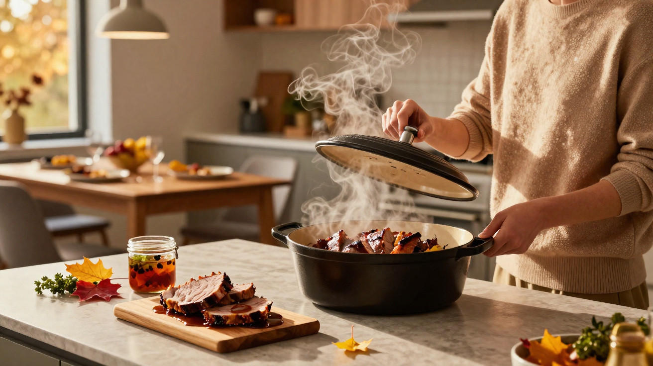 Pessoa a levantar tampa de panela com carne assada suculenta e vapor na cozinha acolhedora.