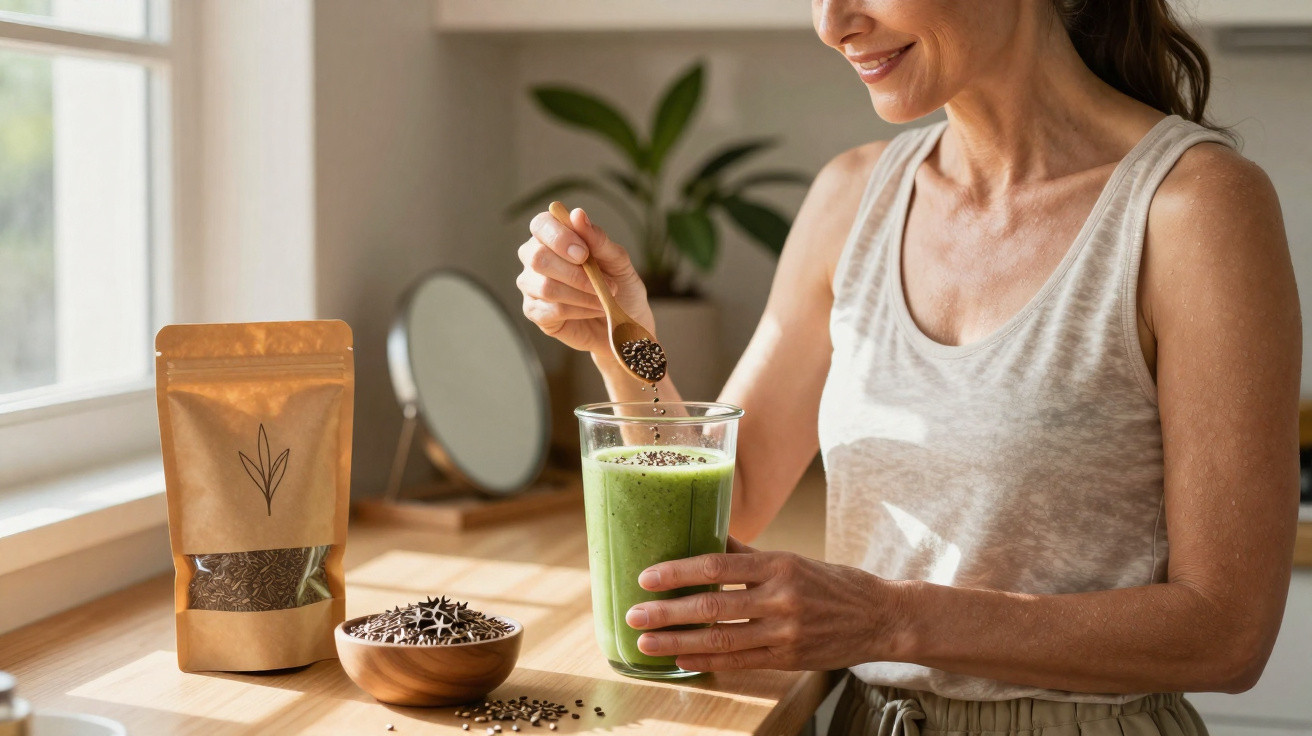 Mulher a polvilhar sementes de chia num sumo verde saudável na cozinha iluminada.