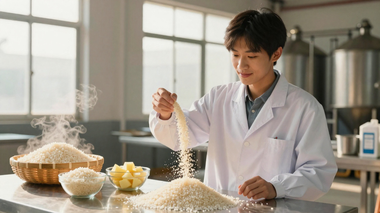 Pessoa de bata branca a mexer num monte de arroz num ambiente industrial com vapores visíveis.