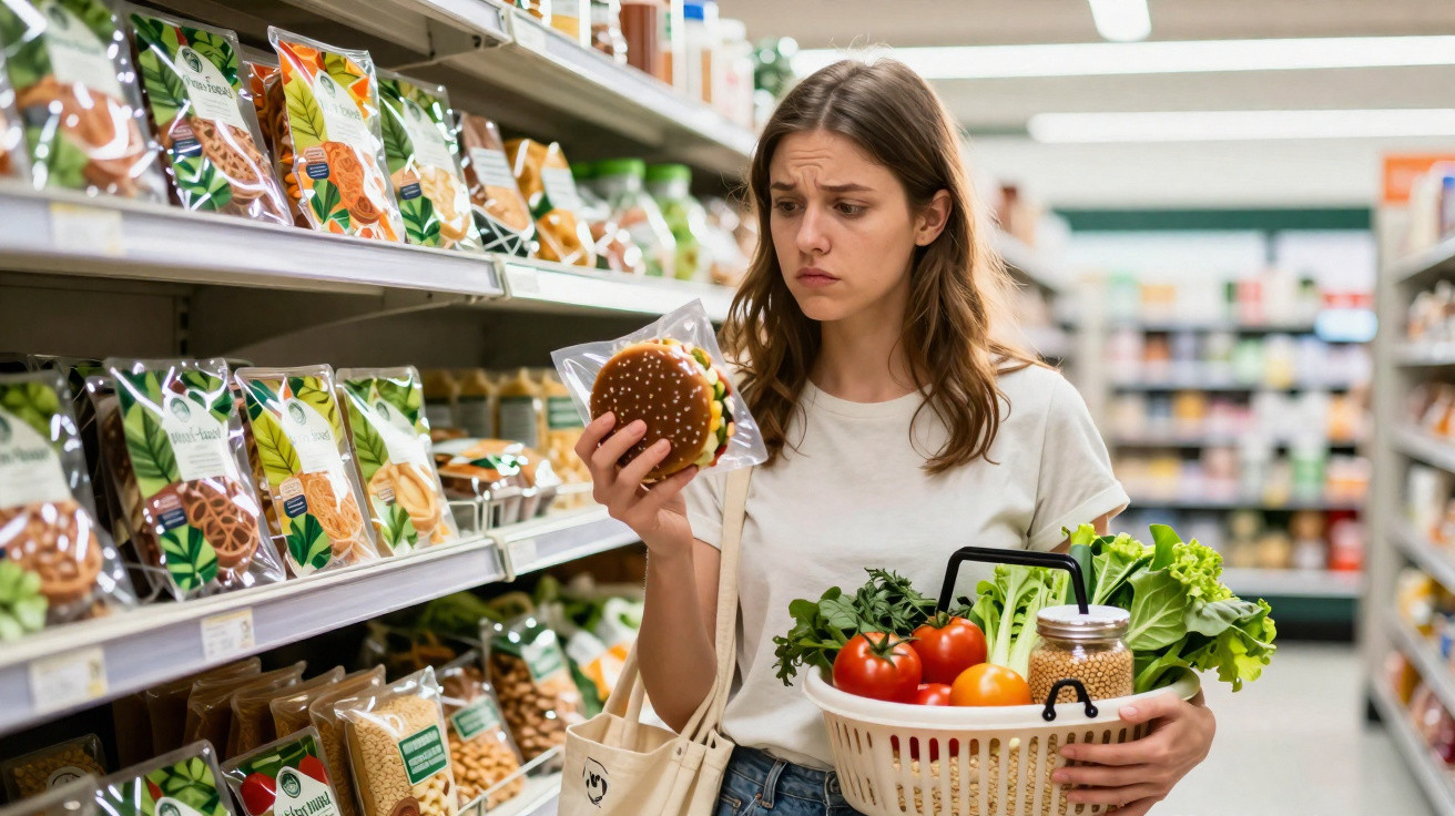 Mulher na mercearia olha confusa para pão de hambúrguer embalado enquanto segura cesto com legumes frescos.