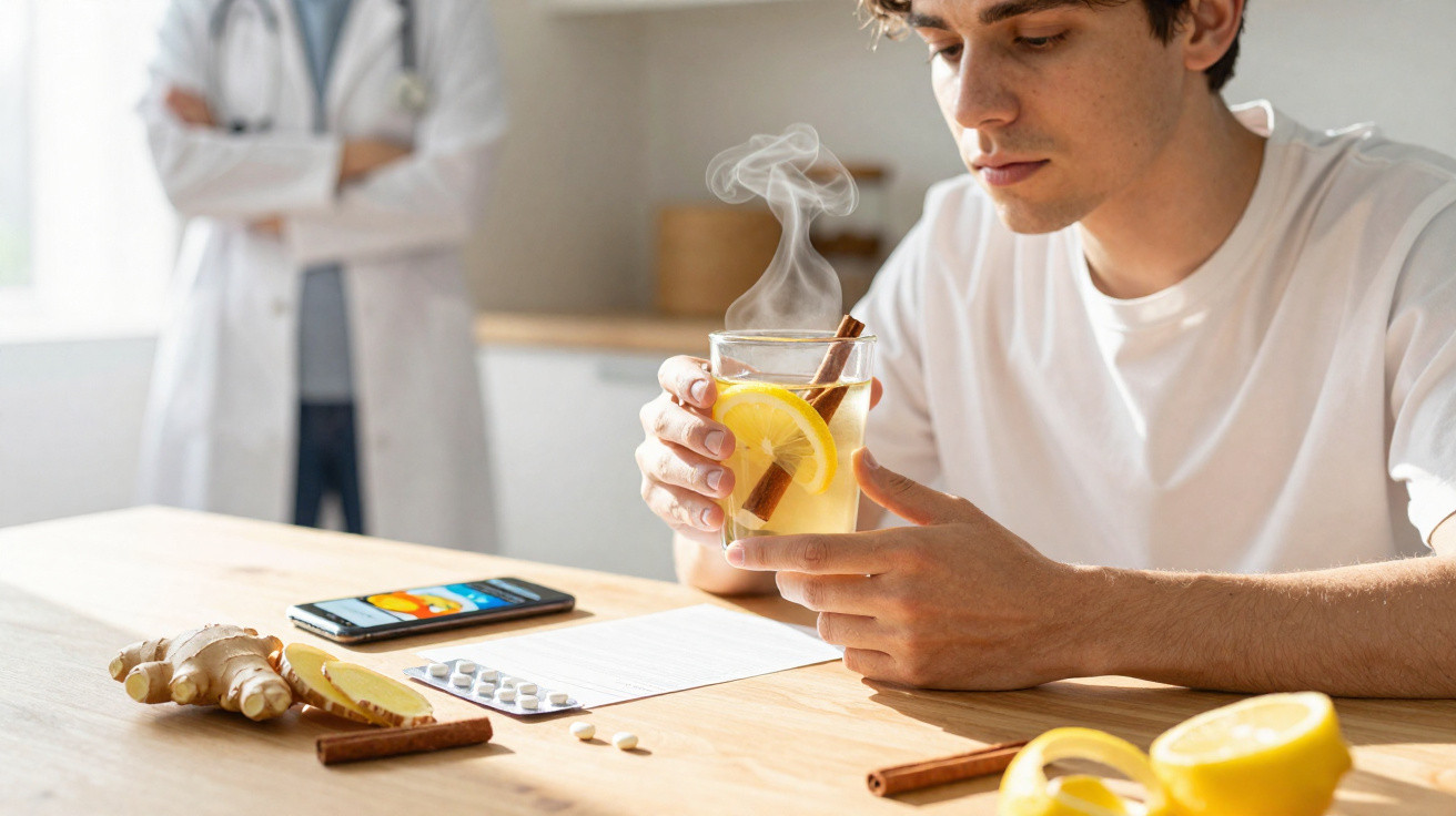 Homem a beber chá quente com limão e canela, sentado à mesa com medicamentos e gengibre, doutor ao fundo.