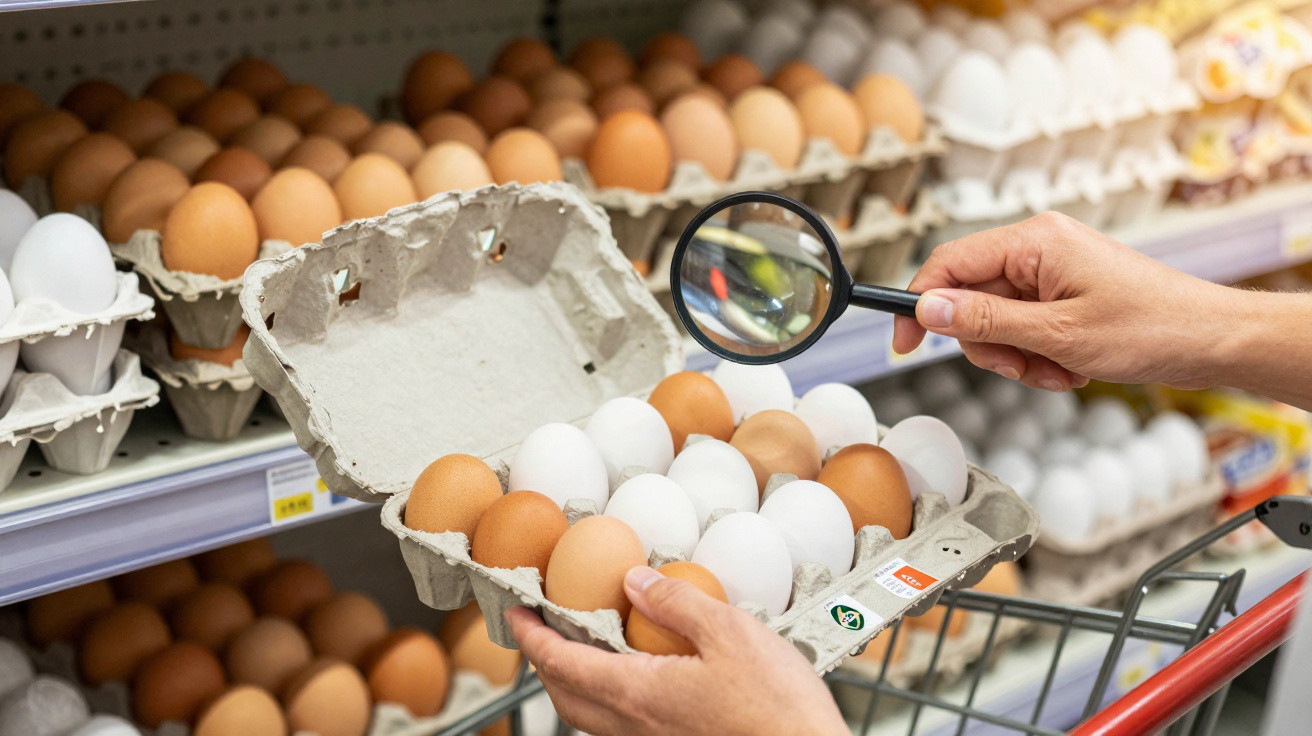 Mãos seguram caixa de ovos brancos e castanhos enquanto um ovo é examinado com lupa num supermercado.