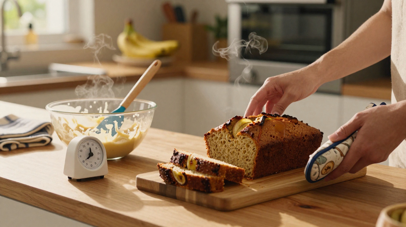 Pessoa a cortar pão de banana quente numa tábua de madeira numa cozinha iluminada.