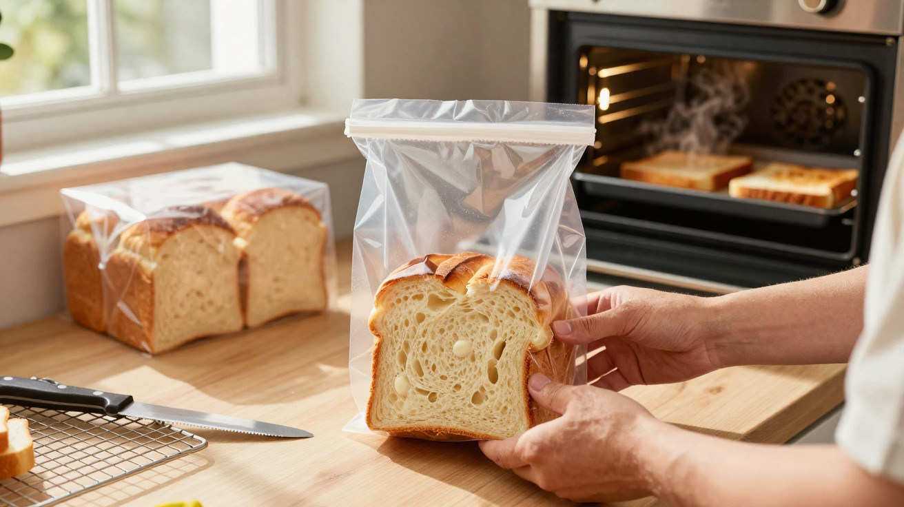Pessoa a colocar fatias de pão num saco plástico numa cozinha com torradeira ao fundo.