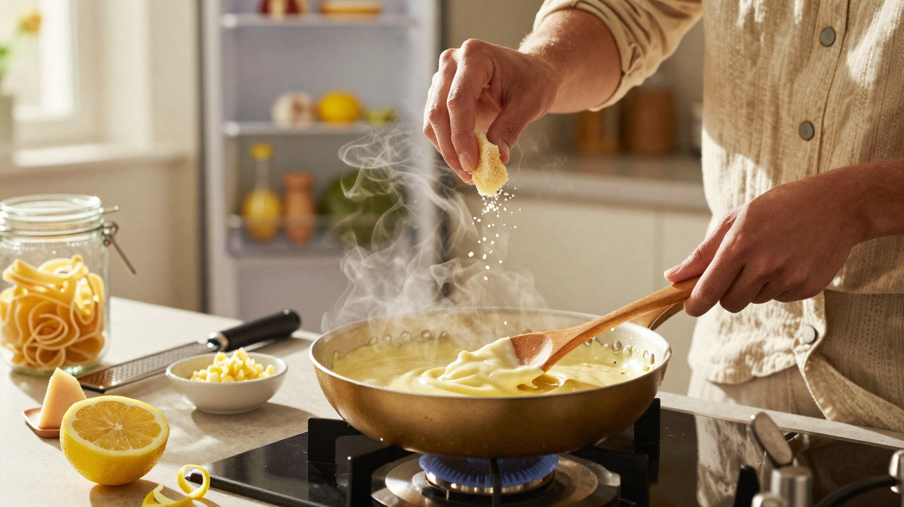 Pessoa a polvilhar queijo ralado numa panela com molho cremoso no fogão a gás numa cozinha iluminada natural.