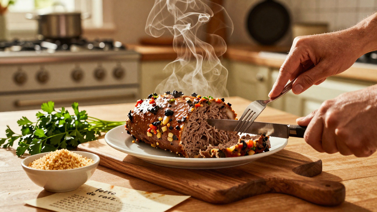 Pessoa a cortar pedaço quente de rolo de carne com legumes na cozinha.