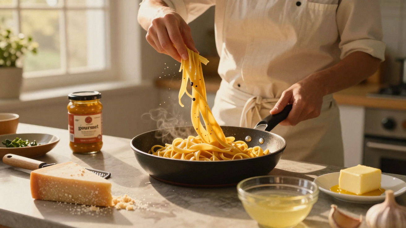 Pessoa a cozinhar massa numa frigideira num cozinha iluminada, com ingredientes frescos na bancada.