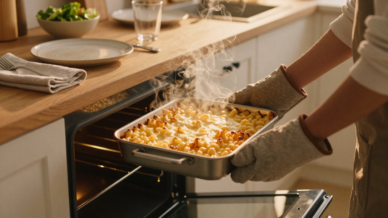 Pessoa a retirar do forno tabuleiro com massa gratinada fumegante numa cozinha moderna.