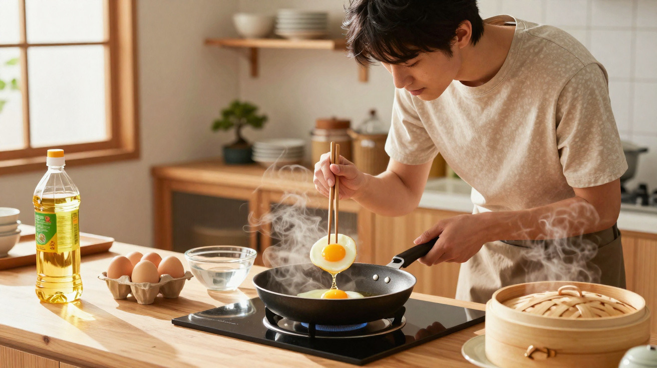 Homem a cozinhar ovos fritos numa cozinha moderna, usando pauzinhos para manusear os ovos na frigideira.