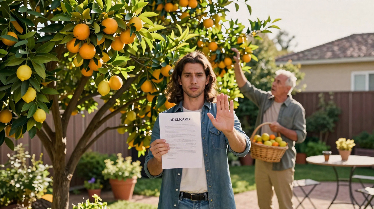 Jovem mostra documento com a mão em sinal de pare, homem apanha fruta numa árvore no jardim.
