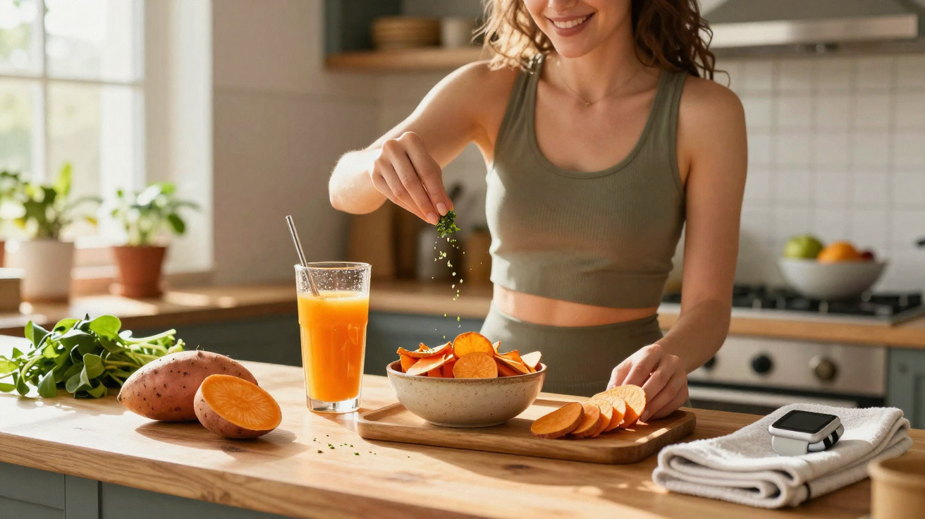 Mulher a temperar batata-doce numa cozinha, com sumo e smartwatch na bancada.