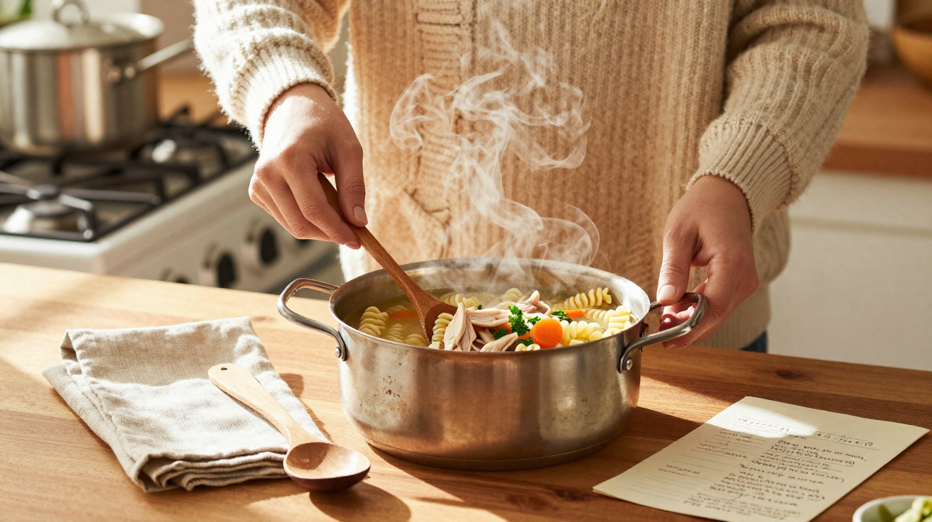 Pessoa a mexer massa fusilli com legumes e ervas num tacho de cozinha a vapor, ao lado de receita.