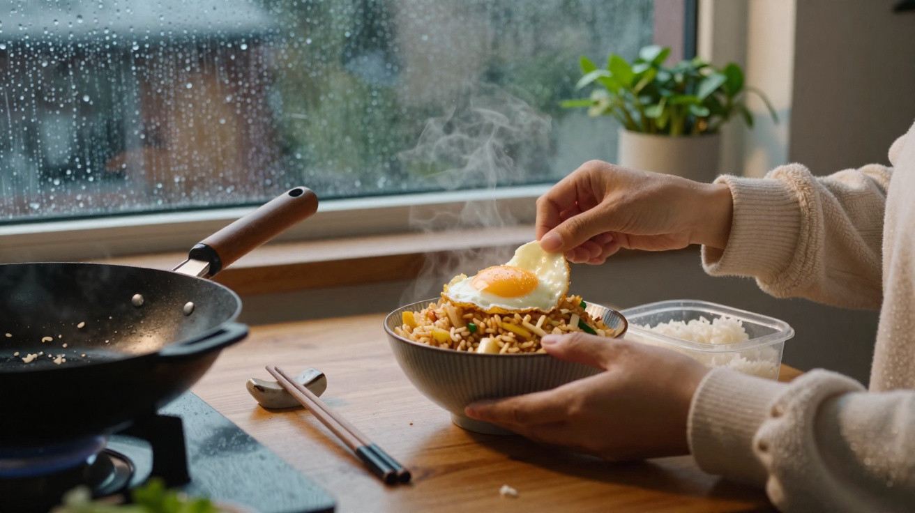 Pessoa a colocar um ovo estrelado numa taça de arroz frito, junto a uma janela com gotas de chuva.