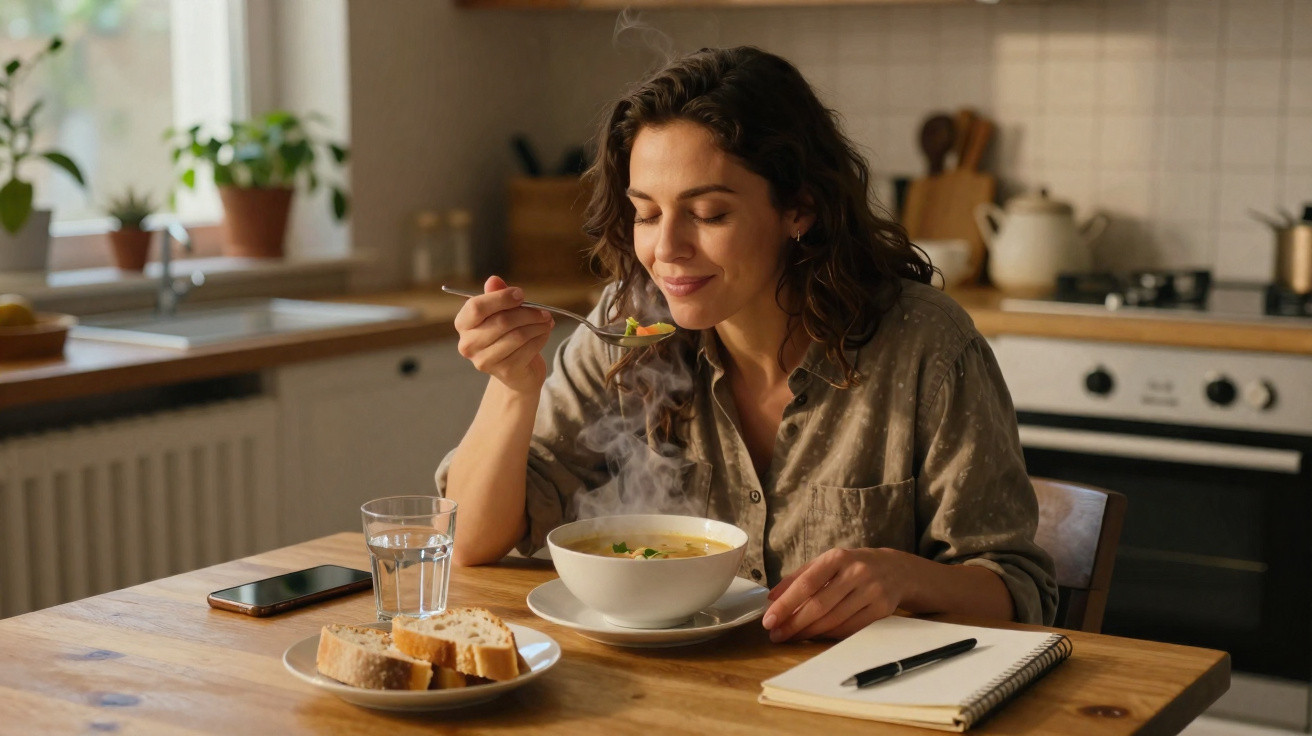 Mulher a saborear sopa quente sentada à mesa com pão, copo de água e caderno numa cozinha acolhedora.