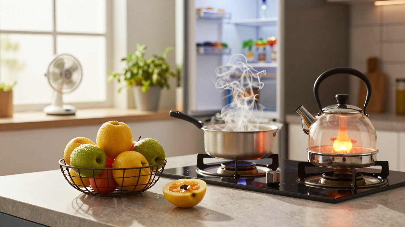 Fruteira com maçãs na bancada e panela a ferver junto de chaleira com água no fogão a gás numa cozinha moderna.