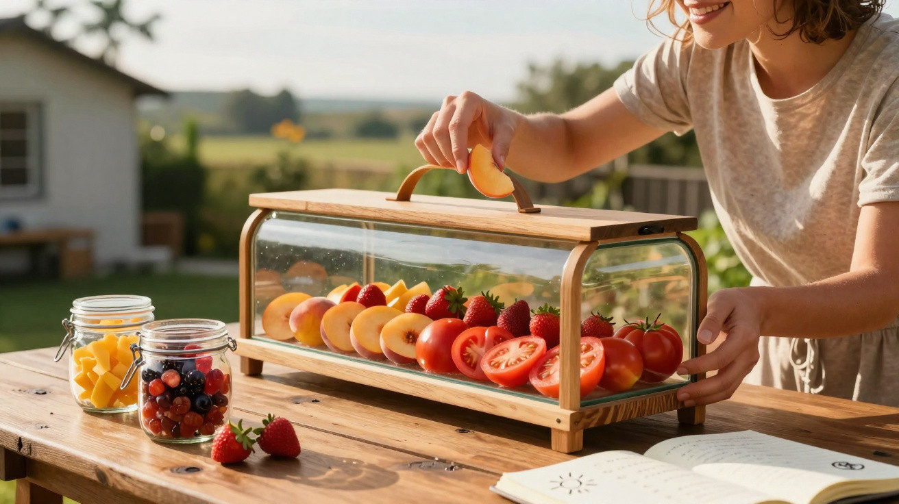 Pessoa a colocar fatia de pêssego numa fruteira de vidro com morangos, tomates e outras frutas sobre mesa de madeira.