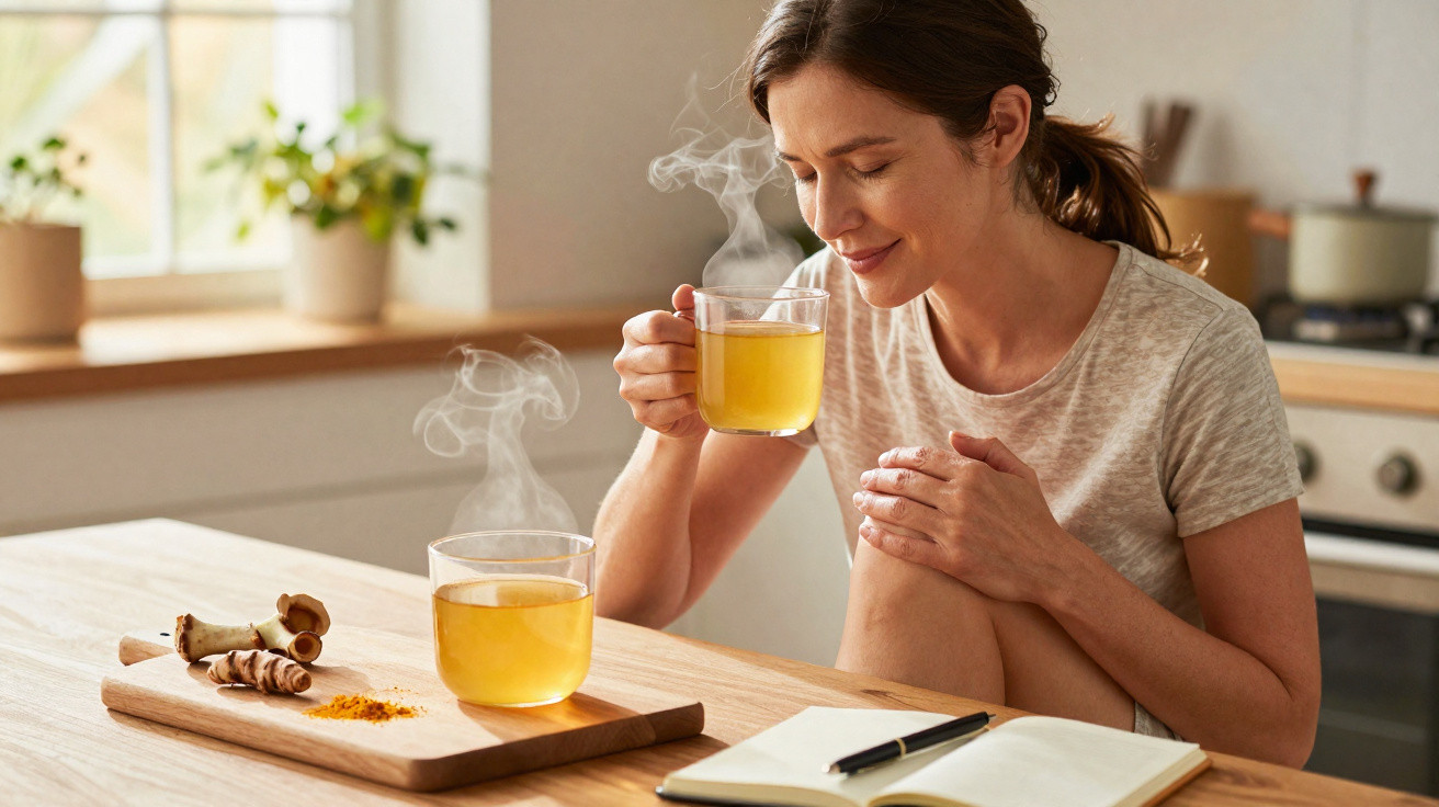 Mulher a cheirar chá quente numa cozinha luminosa, com raízes e caderno numa mesa de madeira.
