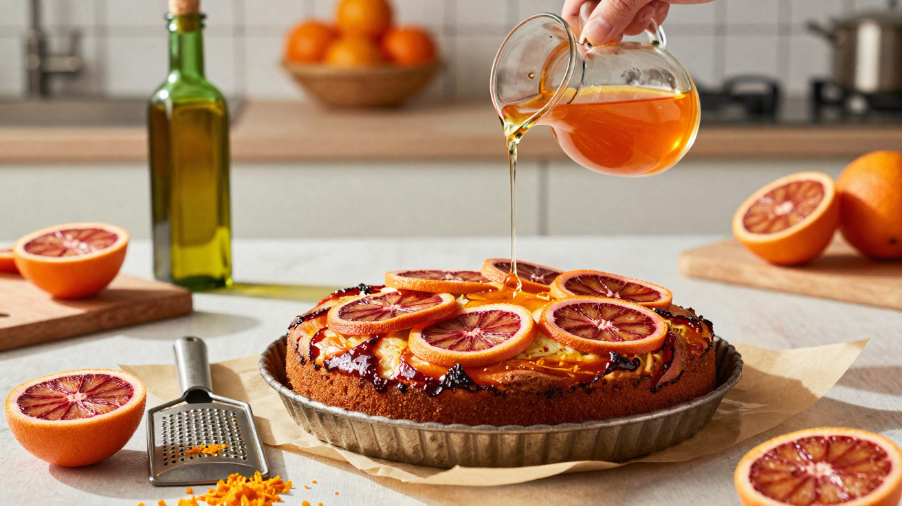 Bolo decorado com fatias de laranja sanguínea e mel a ser vertido por uma mão numa cozinha.