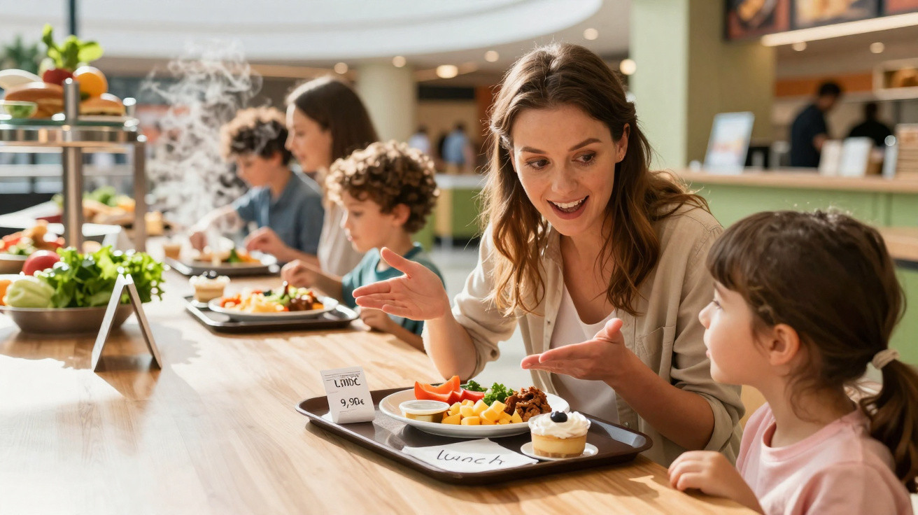 Familia a almoçar junta num restaurante moderno, com pratos variados e ambiente luminoso.
