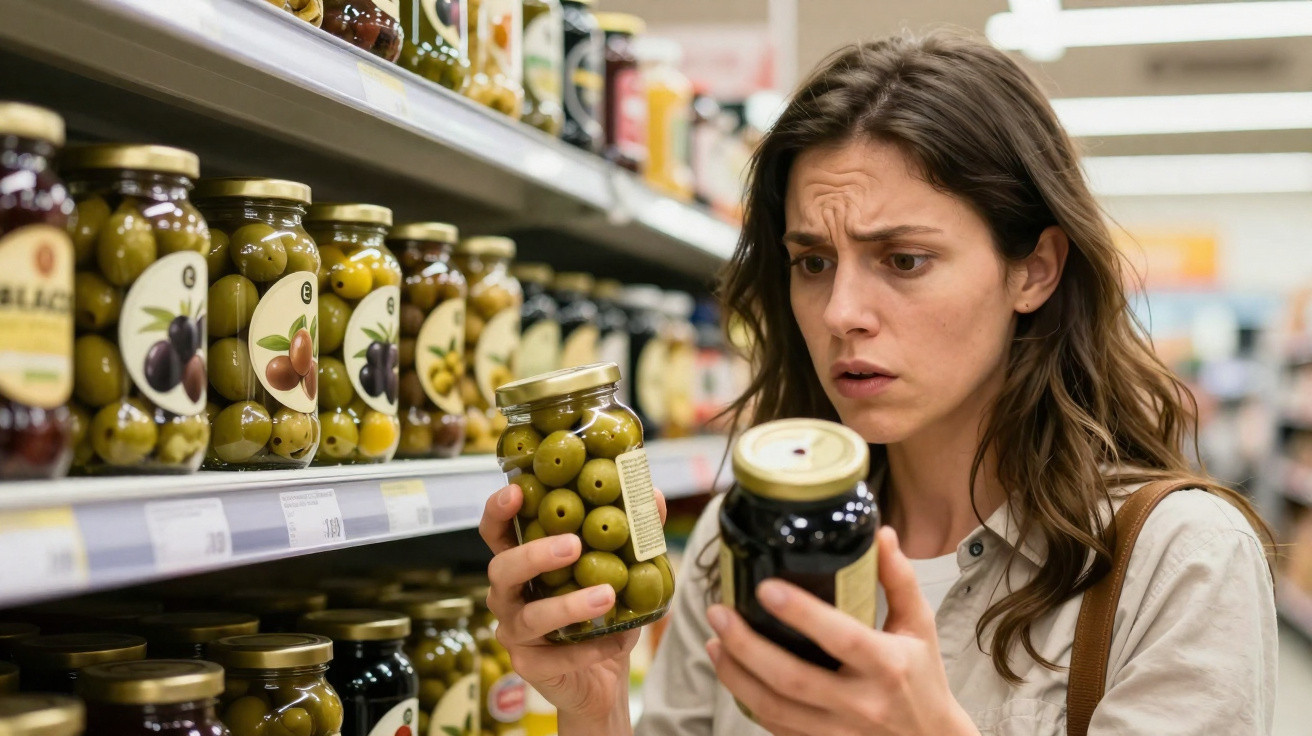 Mulher com expressão confusa segura dois frascos de azeitonas num corredor de supermercado.