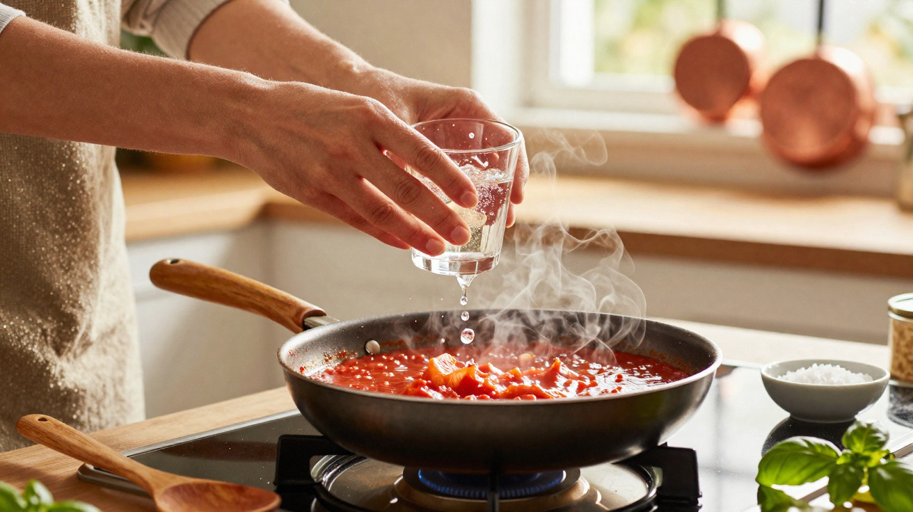 Mão a verter água numa frigideira com molho de tomate fumegante num fogão a gás numa cozinha iluminada.