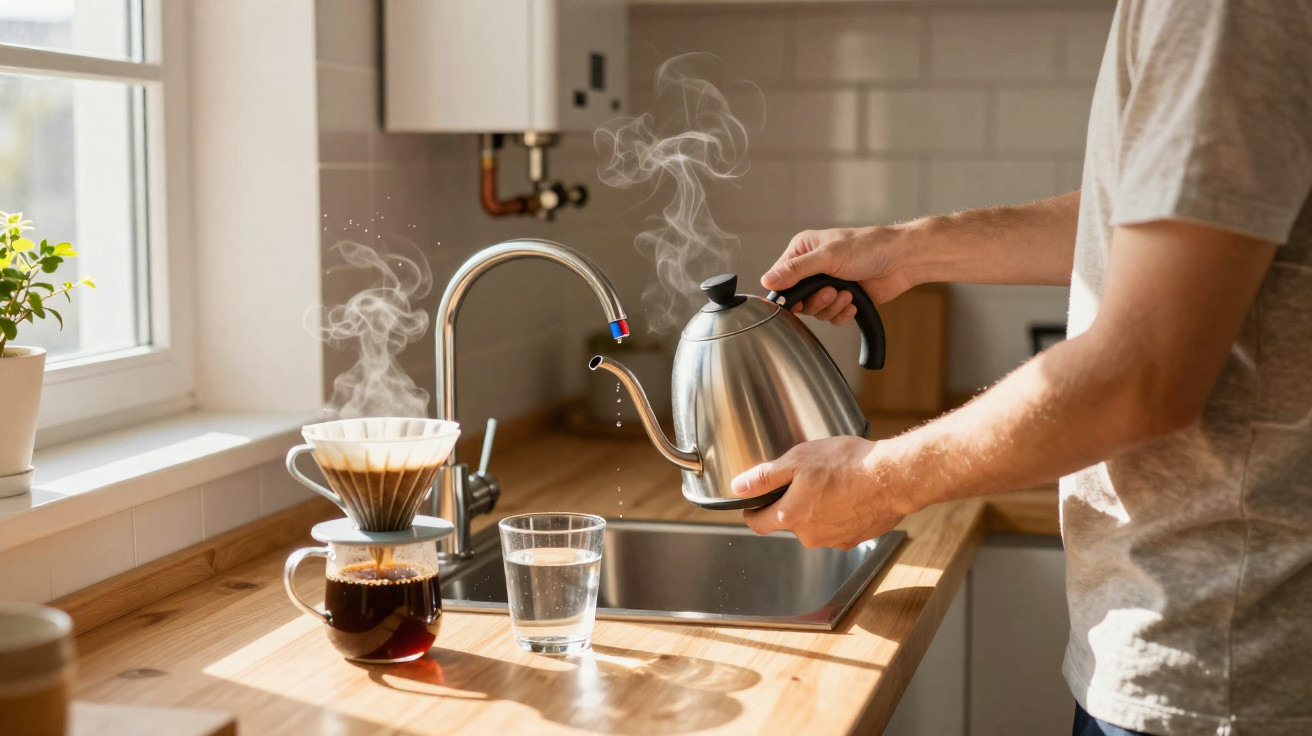 Pessoa a verter água quente de um jarro metálico para uma chávena de café numa cozinha luminosa.