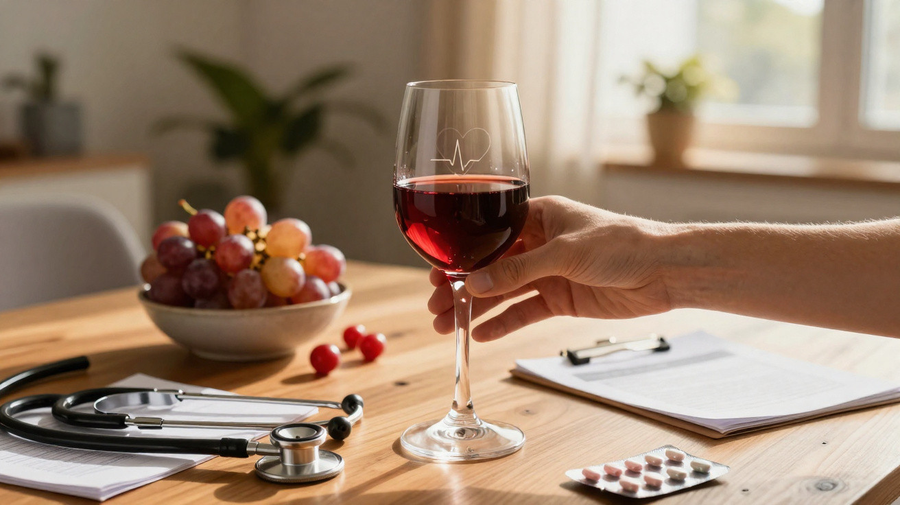 Mão segurando copo de vinho tinto, com estetoscópio, comprimidos e fruta numa mesa de madeira iluminada.
