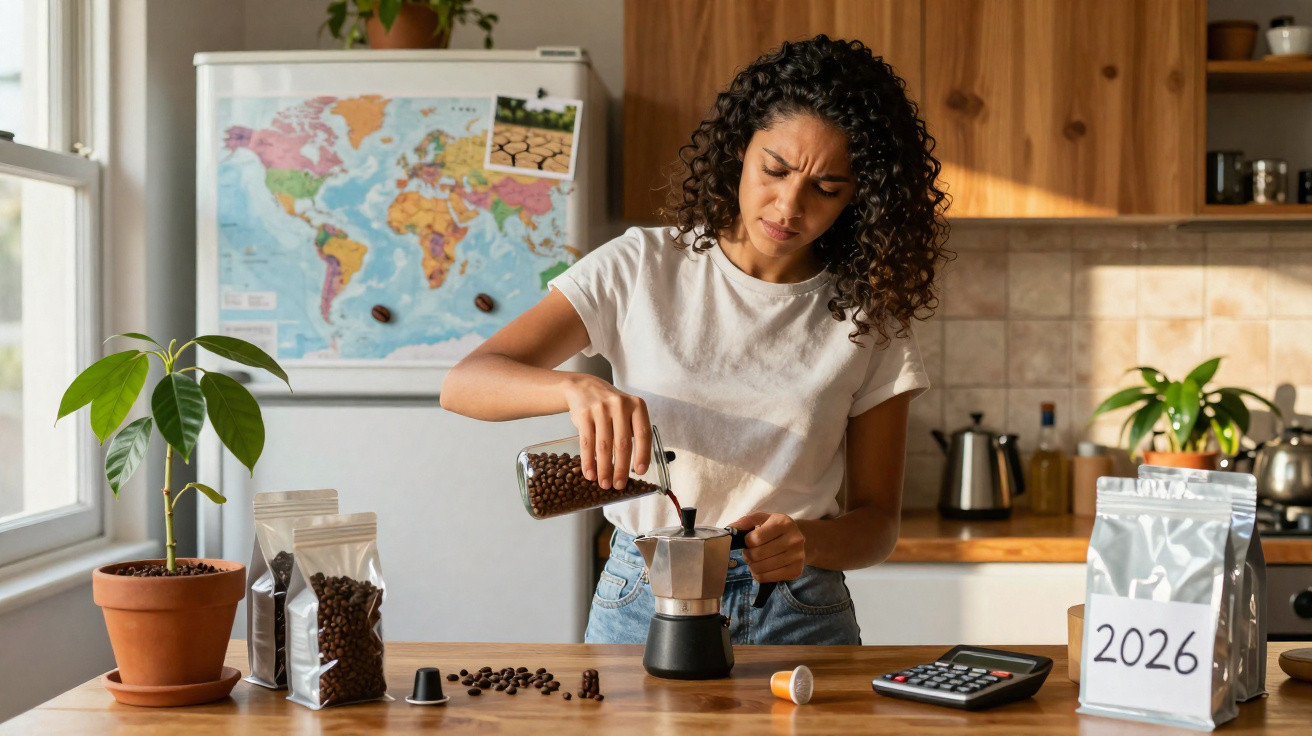 Mulher a colocar grãos de café numa cafeteira com mapa e imagem de seca ao fundo na cozinha.