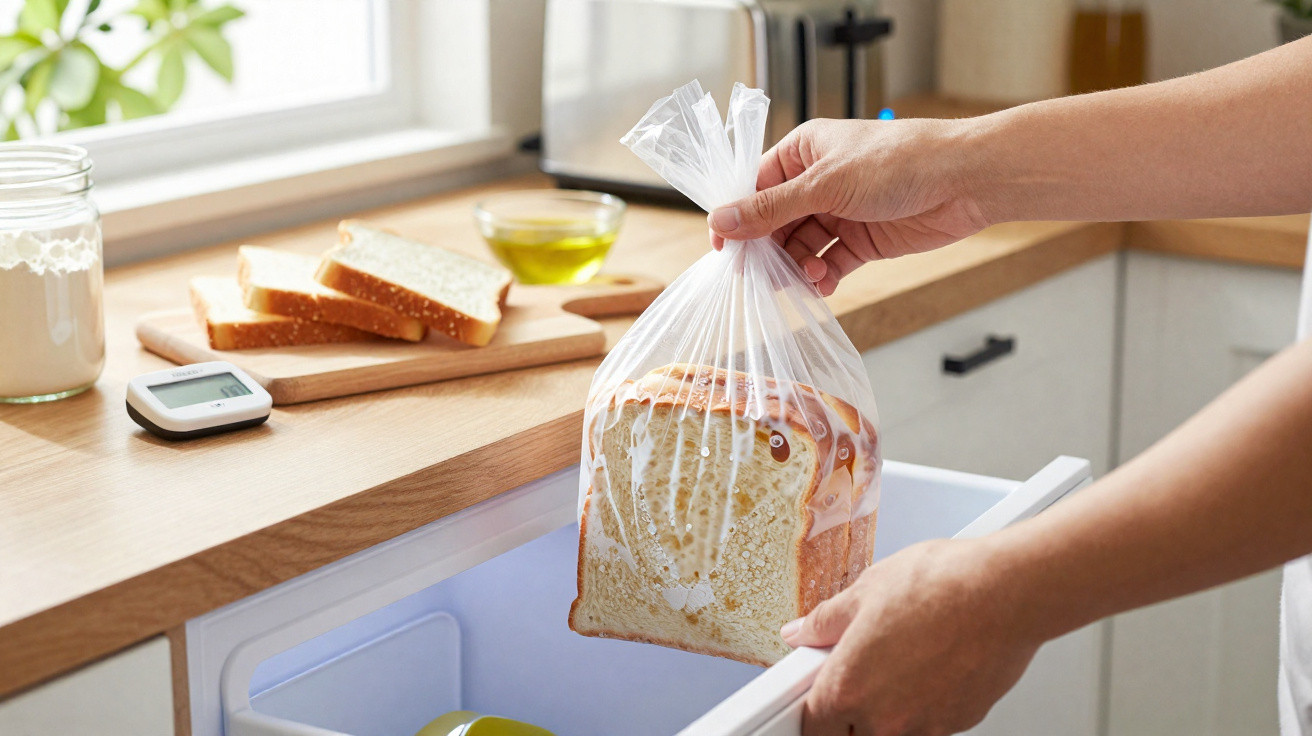 Pessoa a colocar fatias de pão embebidas em saco plástico no congelador numa cozinha moderna.
