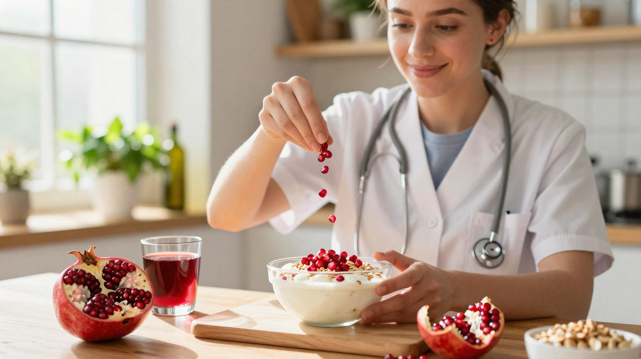 Médica sorridente a colocar sementes de romã numa taça de iogurte com granola numa cozinha iluminada.