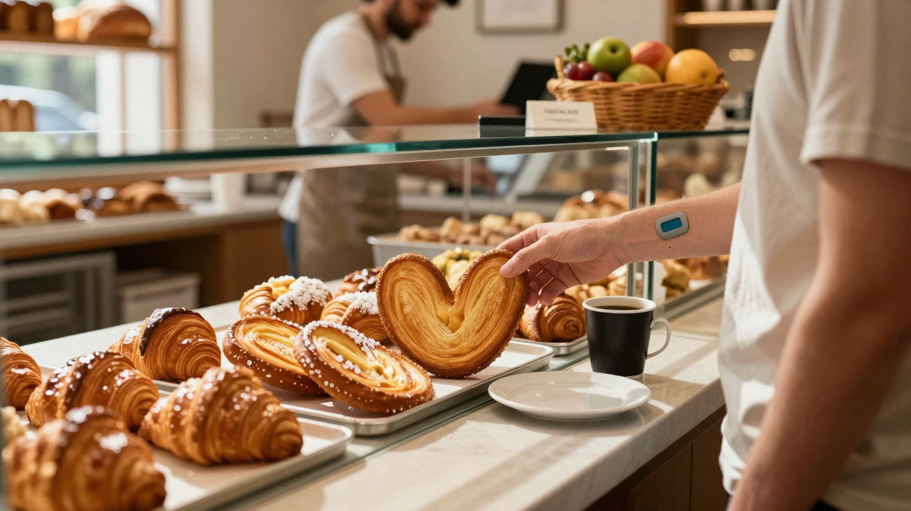 Pessoa a escolher pastelaria numa pastelaria moderna com várias especialidades visíveis no balcão.