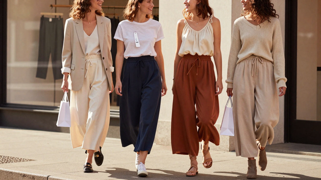 Quatro mulheres a caminhar na rua com calças largas e roupa casual elegante em tons neutros e castanhos.
