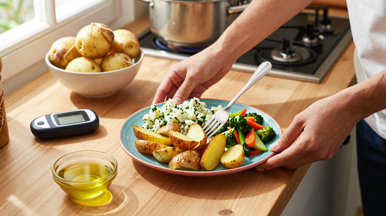 Pessoa a segurar um prato com batatas assadas, legumes cozidos e ervas numa cozinha com monitor de glicose.