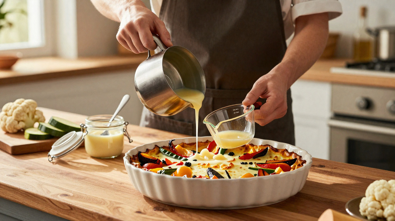 Pessoa a verter mistura líquida numa tarteira com legumes para preparar uma quiche caseira na cozinha.