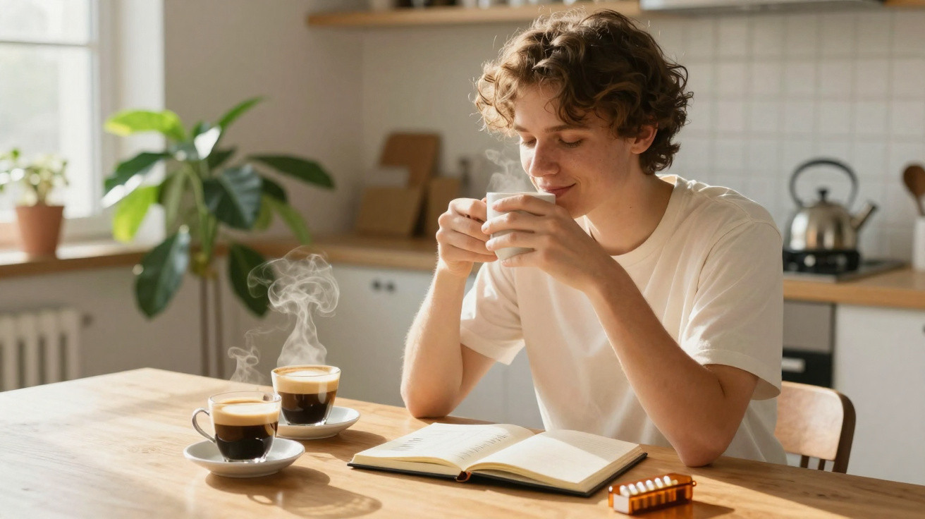 Jovem sentado à mesa a ler um livro e a beber chá ou café numa cozinha iluminada pela manhã.