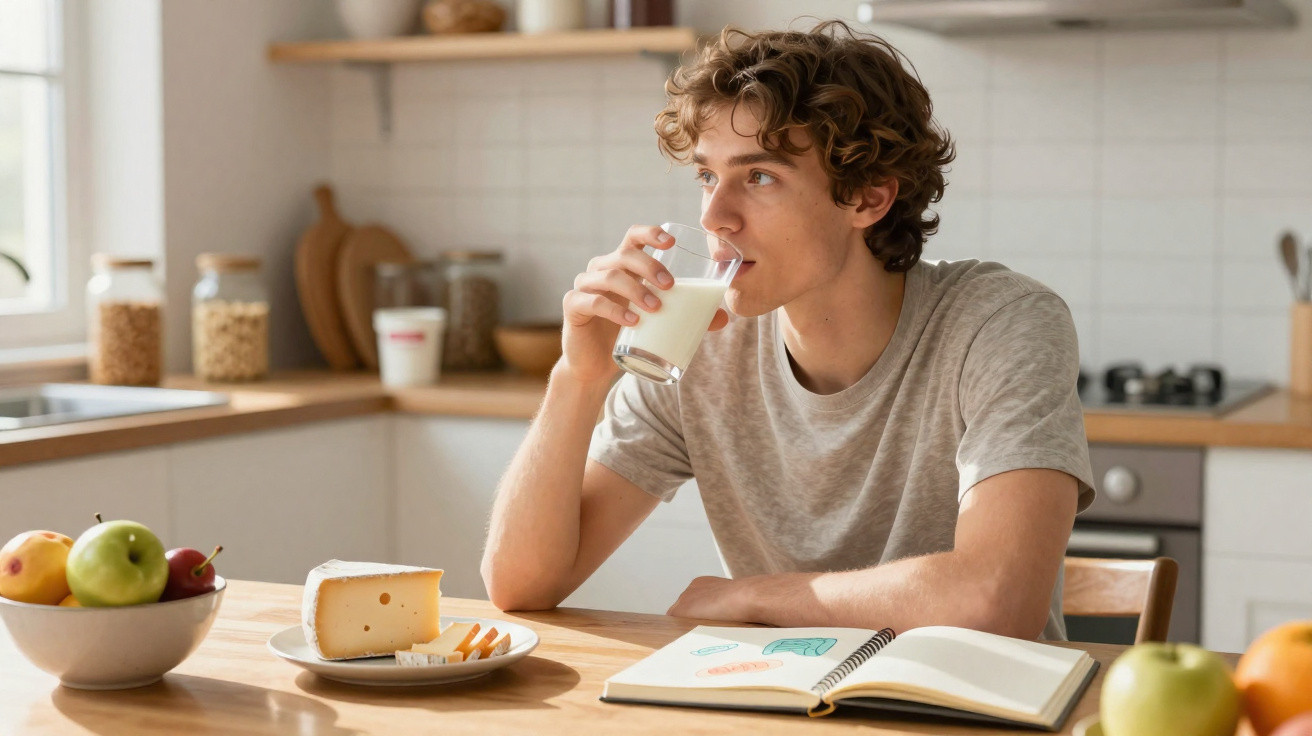 Jovem a beber um copo de leite numa cozinha luminosa, sentado à mesa com queijo, fruta e um livro aberto.