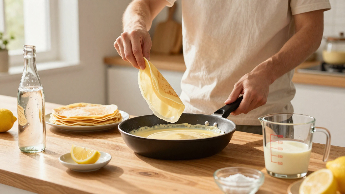 Pessoa a virar massa fina na frigideira para fazer crepes numa cozinha luminosa.