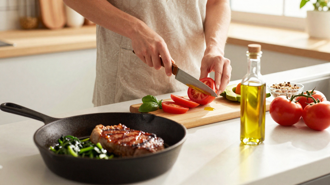 Pessoa a cortar tomate numa tábua, com bife e legumes numa frigideira ao lado numa cozinha iluminada.