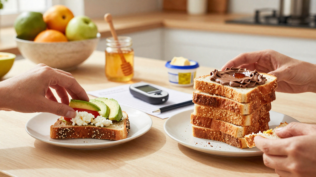 Duas mãos a segurar sandes, uma com abacate e tomate, outra com creme de chocolate, numa cozinha iluminada.