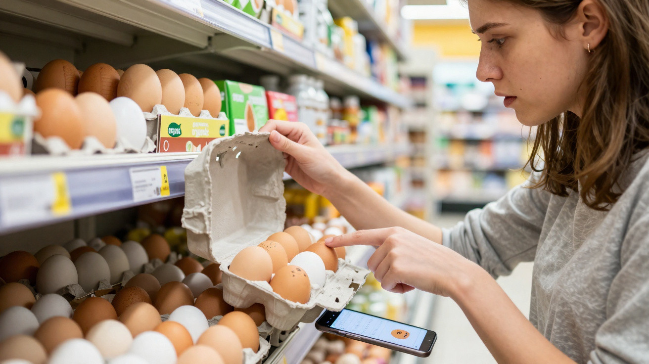 Mulher a escolher ovos marrons numa prateleira de supermercado com smartphone apoiado no carrinho.